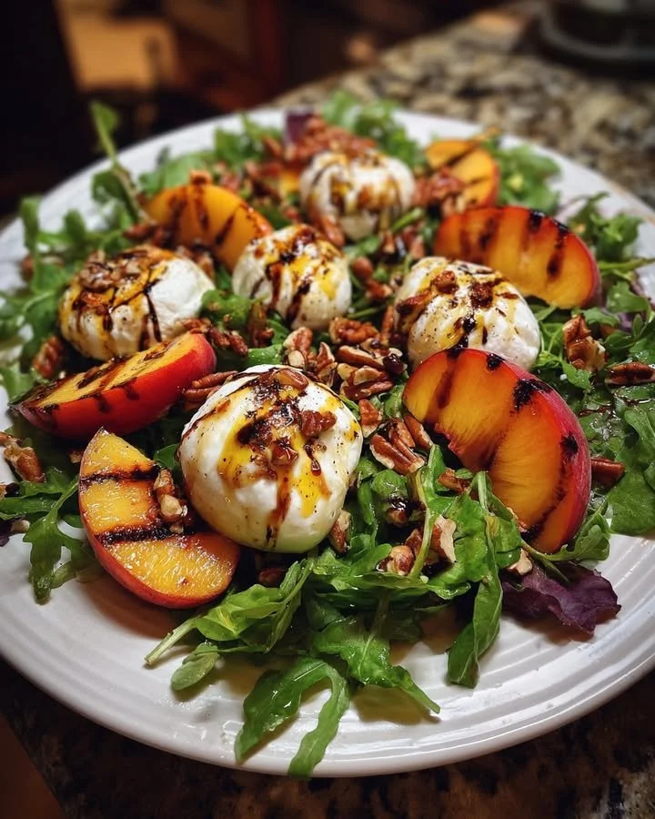 Delicious grilled peach salad with burrata cheese and honey-balsamic vinaigrette.