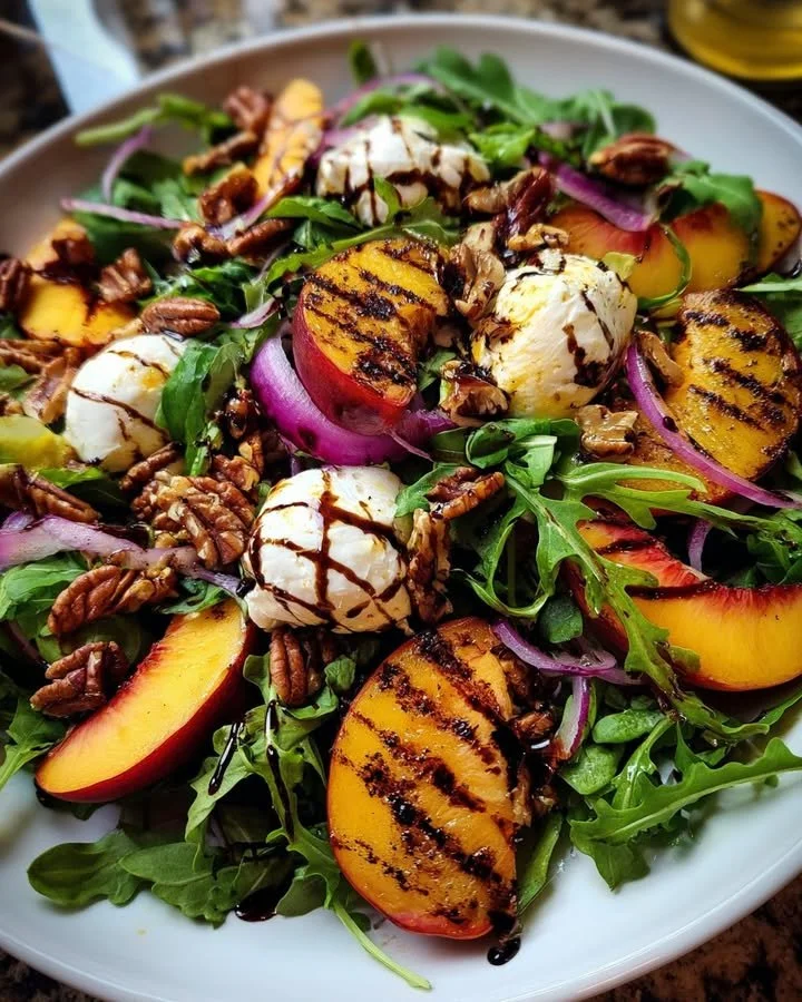 Grilled Peach and Burrata Salad with Honey-Balsamic Vinaigrette served on a plate.