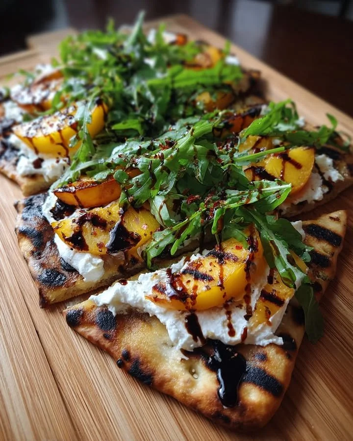 Grilled Peach Flatbread topped with Ricotta and Arugula
