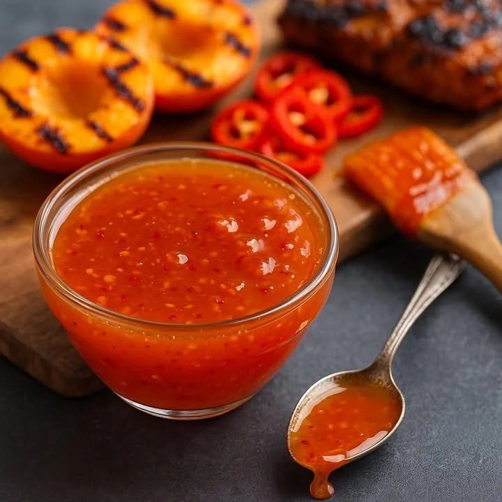 Grilled peach drizzled with Fresno chili glaze on a plate.