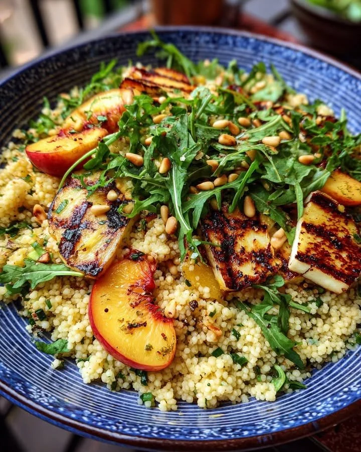 Grilled Peach Halloumi Couscous with fresh arugula on a plate