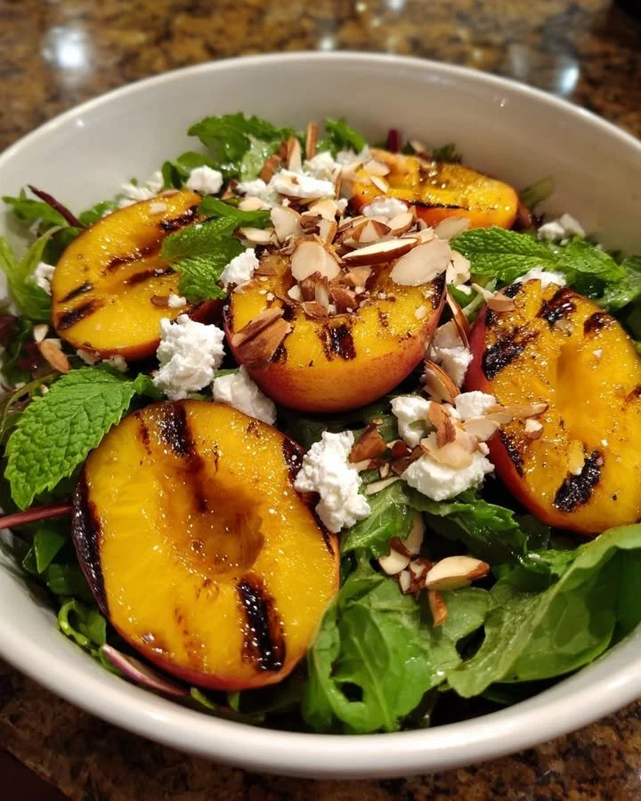 Grilled Peach Salad topped with feta cheese and toasted almonds on a plate.