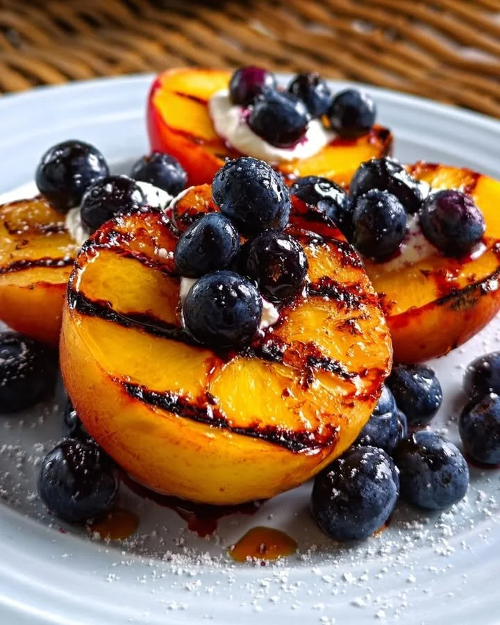 Delicious grilled peaches topped with fresh blueberries on a plate
