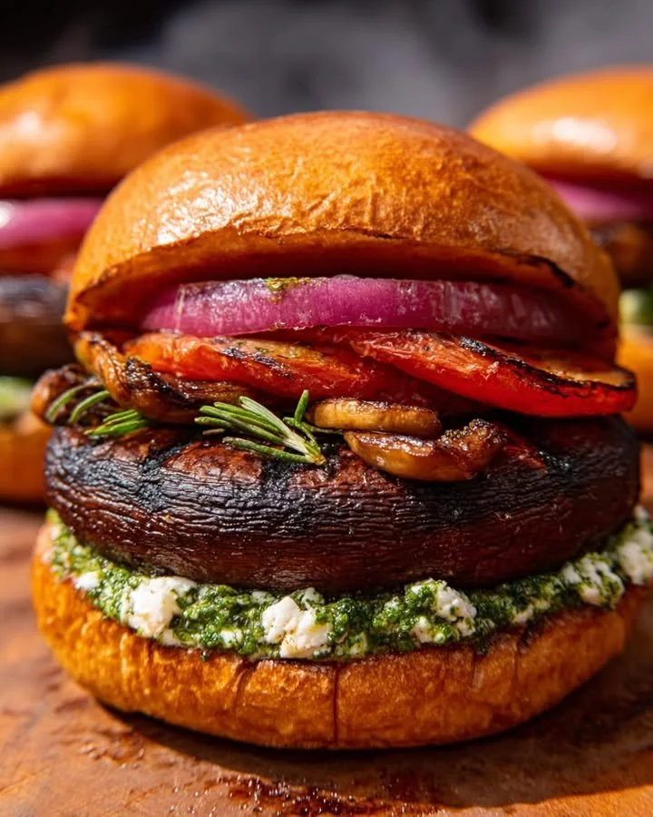 Grilled Portobello Mushroom Burger topped with fresh ingredients on a grill