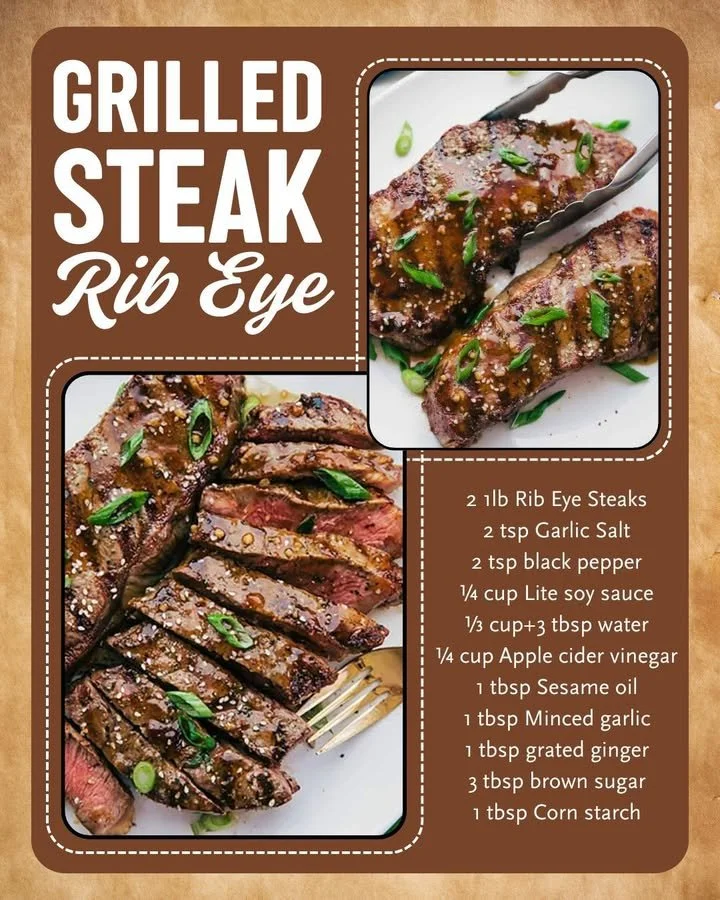 Juicy grilled rib eye steak on a plate with herbs and spices
