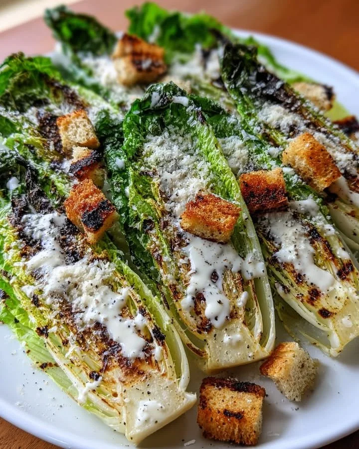 Grilled Romaine Caesar Salad with dressing and croutons on a plate