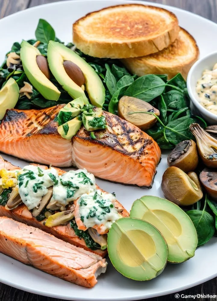 Grilled salmon with creamed spinach, avocado, and roasted vegetables on a plate