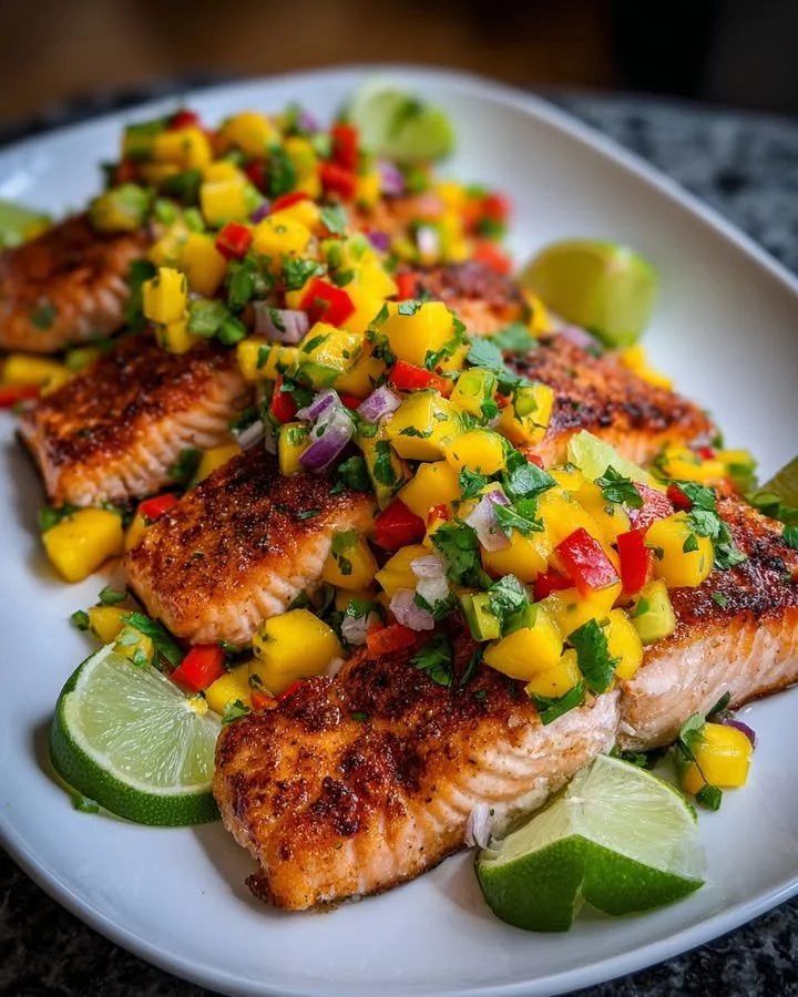 Grilled salmon fillet served with vibrant mango salsa on a white plate