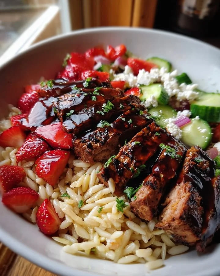 Grilled seitan with strawberry balsamic glaze served with feta orzo salad