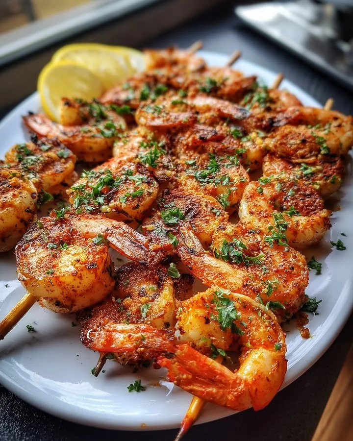 Grilled shrimp skewers with vibrant vegetables on a platter