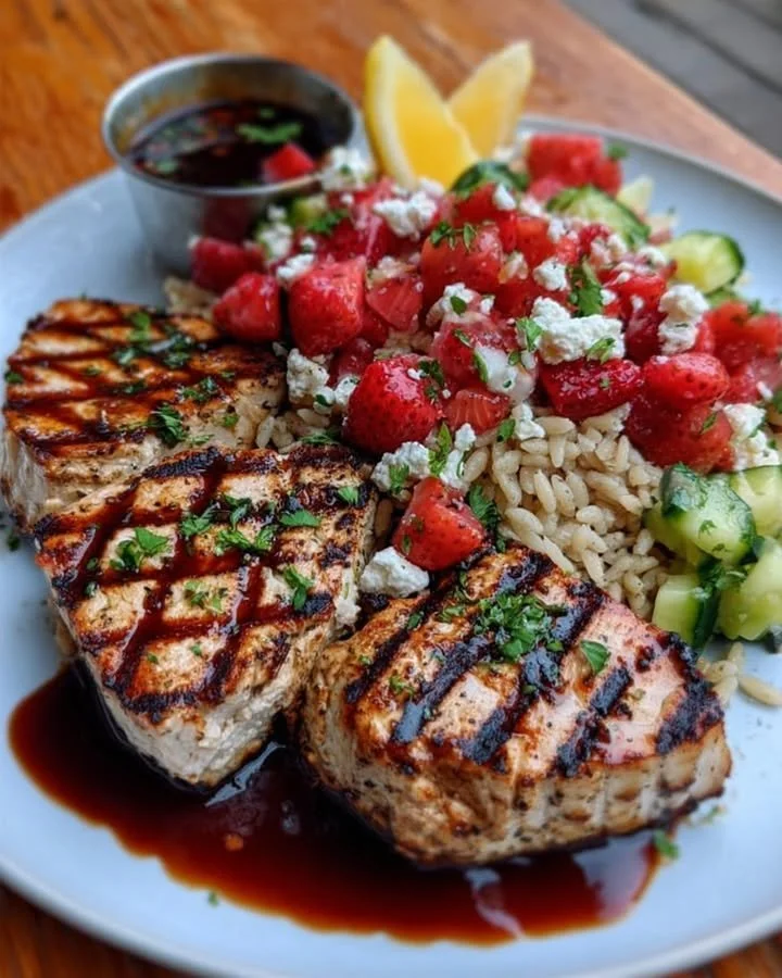 Grilled swordfish steak with strawberry balsamic glaze and feta orzo salad