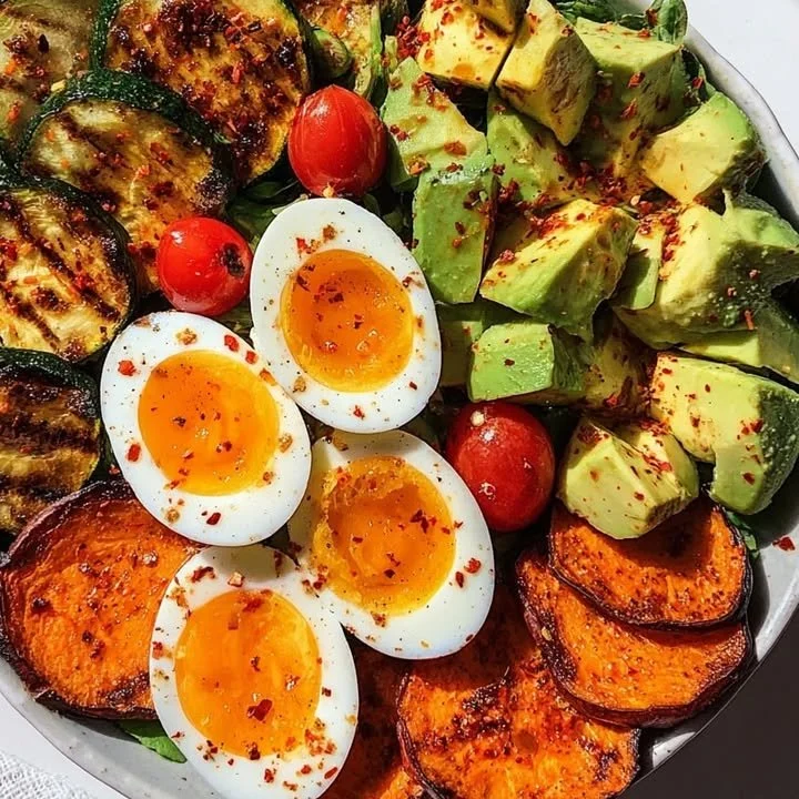 Grilled Veggie Bowl topped with egg, healthy and colorful meal