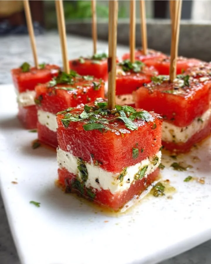 Grilled watermelon bites topped with feta cheese and mint-lime drizzle