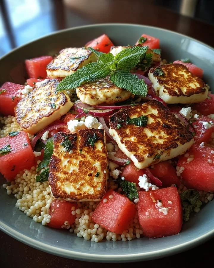 Grilled watermelon and halloumi couscous salad in a bowl, garnished with herbs.