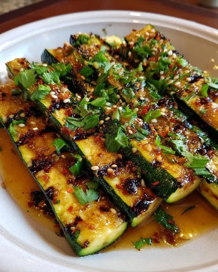 Grilled zucchini slices marinated in garlic and soy sauce, ready to serve.
