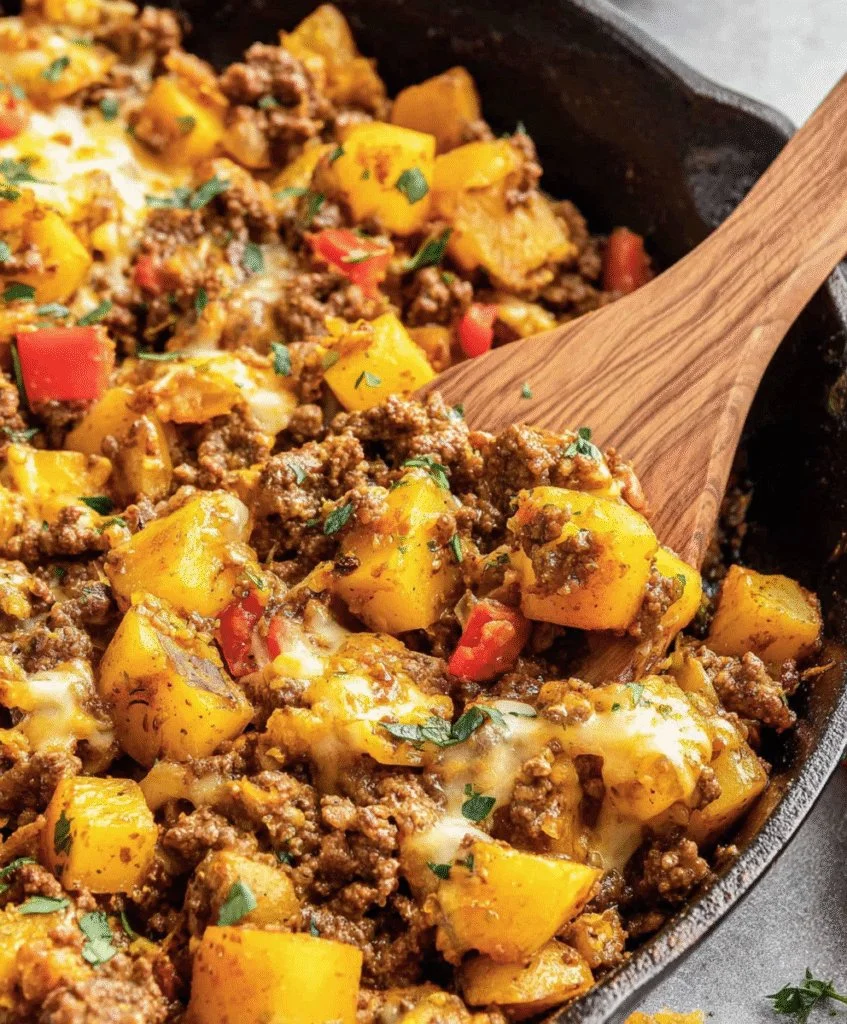 Ground beef and potato skillet on a plate, ready to serve for dinner.