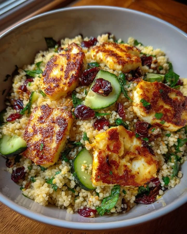 Halloumi Couscous Salad with cranberries, mint, and lemon dressing.
