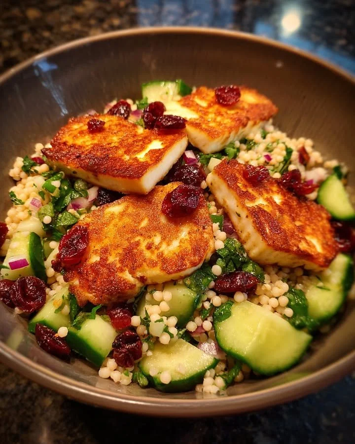 Halloumi and cranberry couscous salad with mint-lemon dressing in a bowl