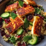 Halloumi and cranberry couscous salad with mint-lemon dressing