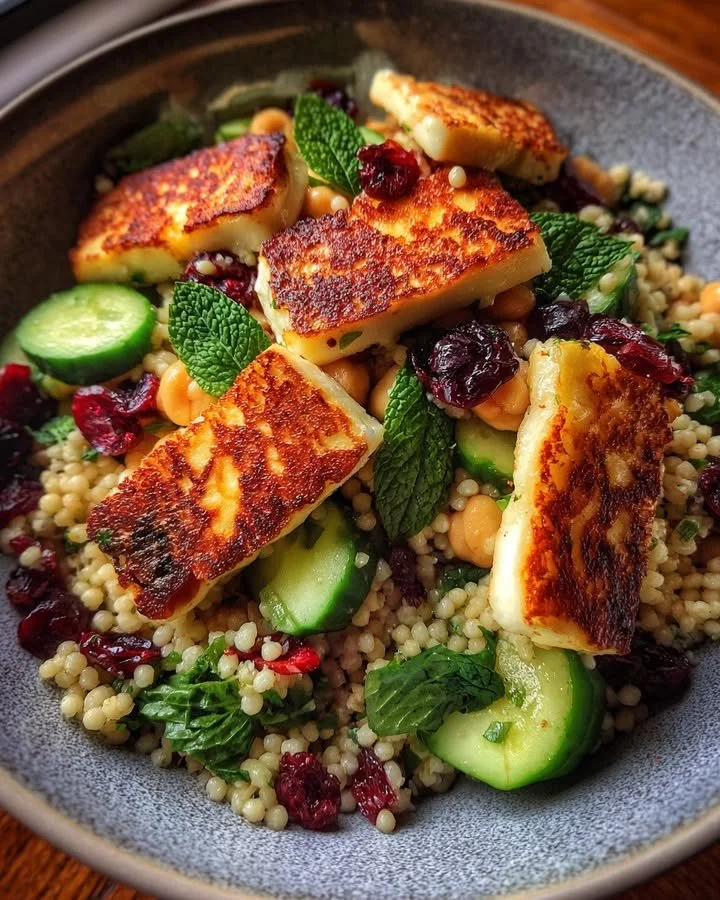 Halloumi and cranberry couscous salad with mint-lemon dressing