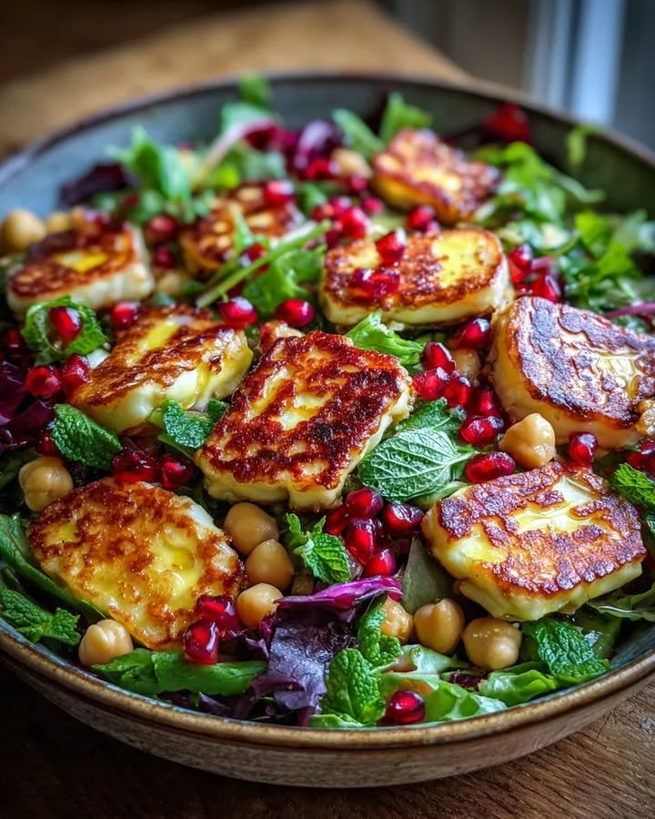 Halloumi and pomegranate chickpea salad with mint-lemon dressing