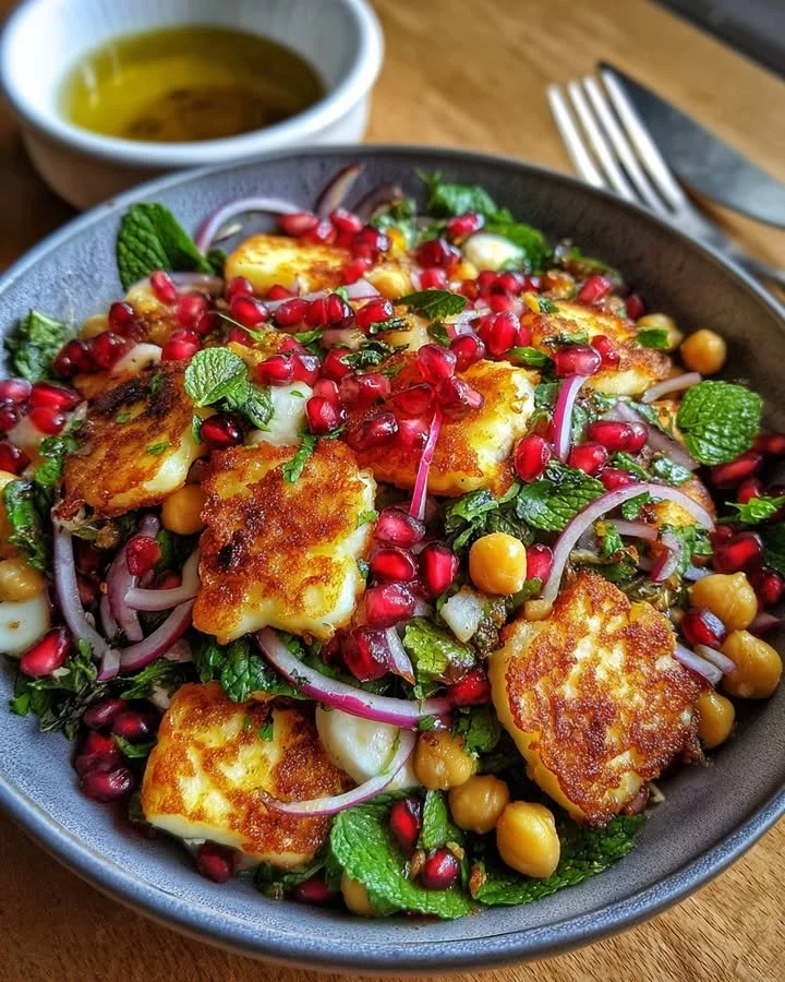 Halloumi and pomegranate chickpea salad with mint-lemon dressing