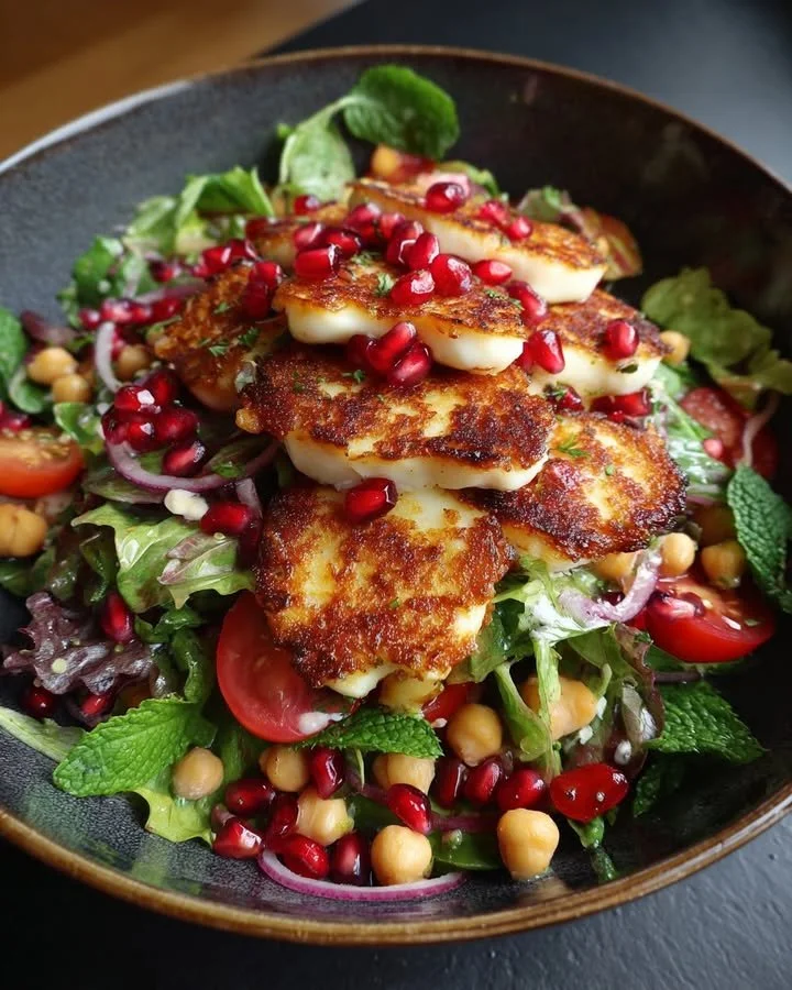Halloumi salad with pomegranate and chickpeas in a mint-lemon dressing
