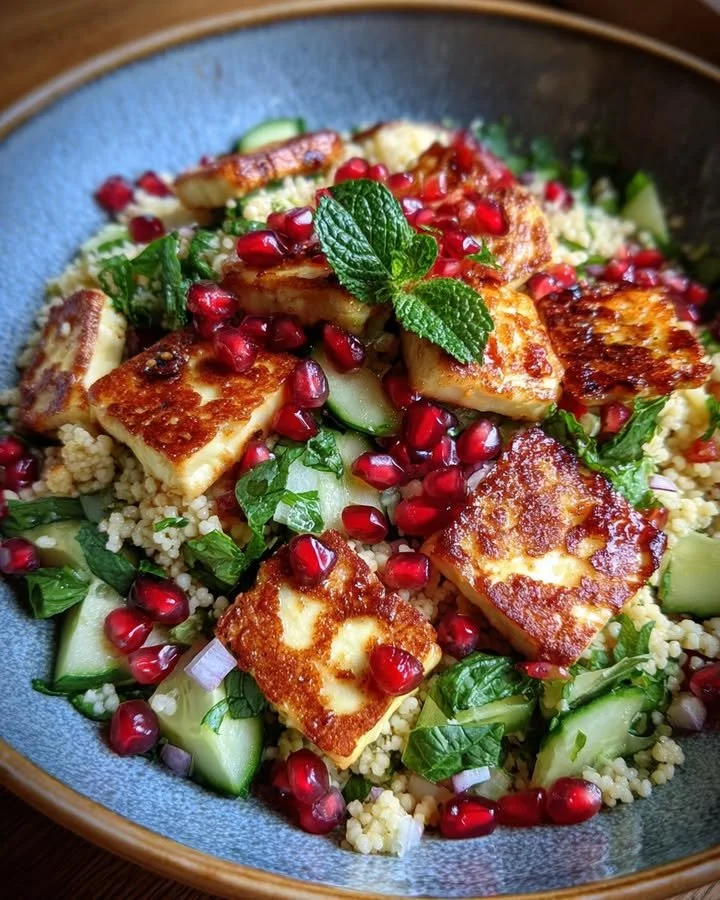 Halloumi & Pomegranate Couscous Salad with Mint-Lemon Dressing
