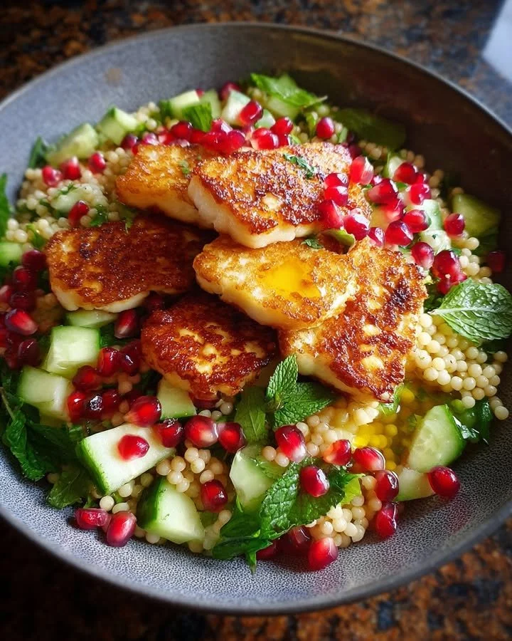 Halloumi Couscous Salad with pomegranate and mint-lemon dressing, a fresh dish