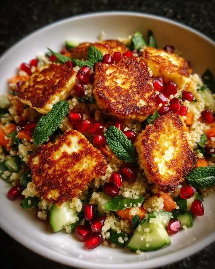 Delicious Halloumi and Pomegranate Couscous Salad with Mint-Lemon Dressing
