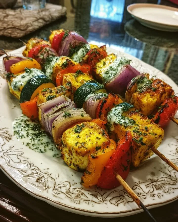Halloumi skewers with roasted vegetables and mint yogurt sauce on a plate.