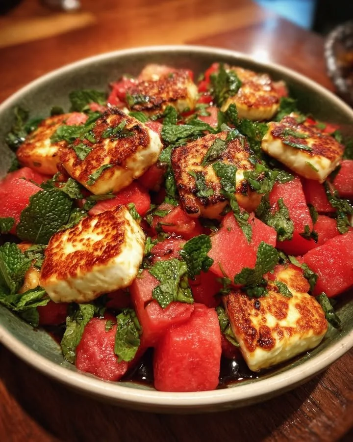 Delicious Halloumi and Watermelon Salad with fresh mint leaves