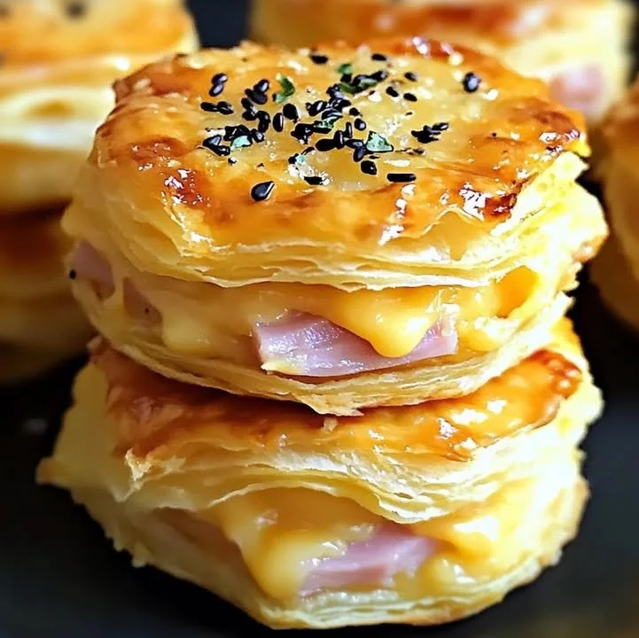 Ham and cheese butter swim biscuits served warm on a plate.