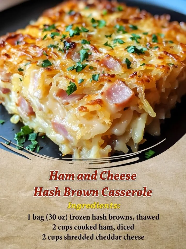 Delicious Ham and Cheese Hash Brown Casserole in a baking dish