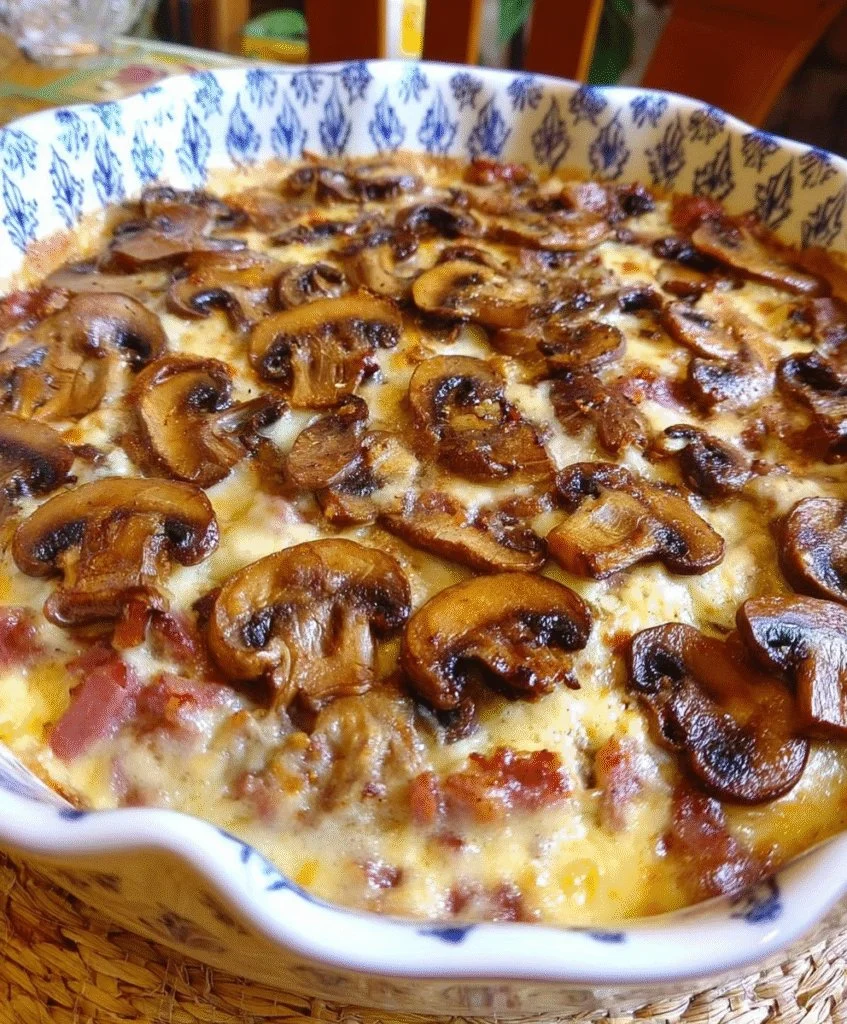 Delicious Hamburger Mushroom Bake topped with melted cheese and fresh herbs.
