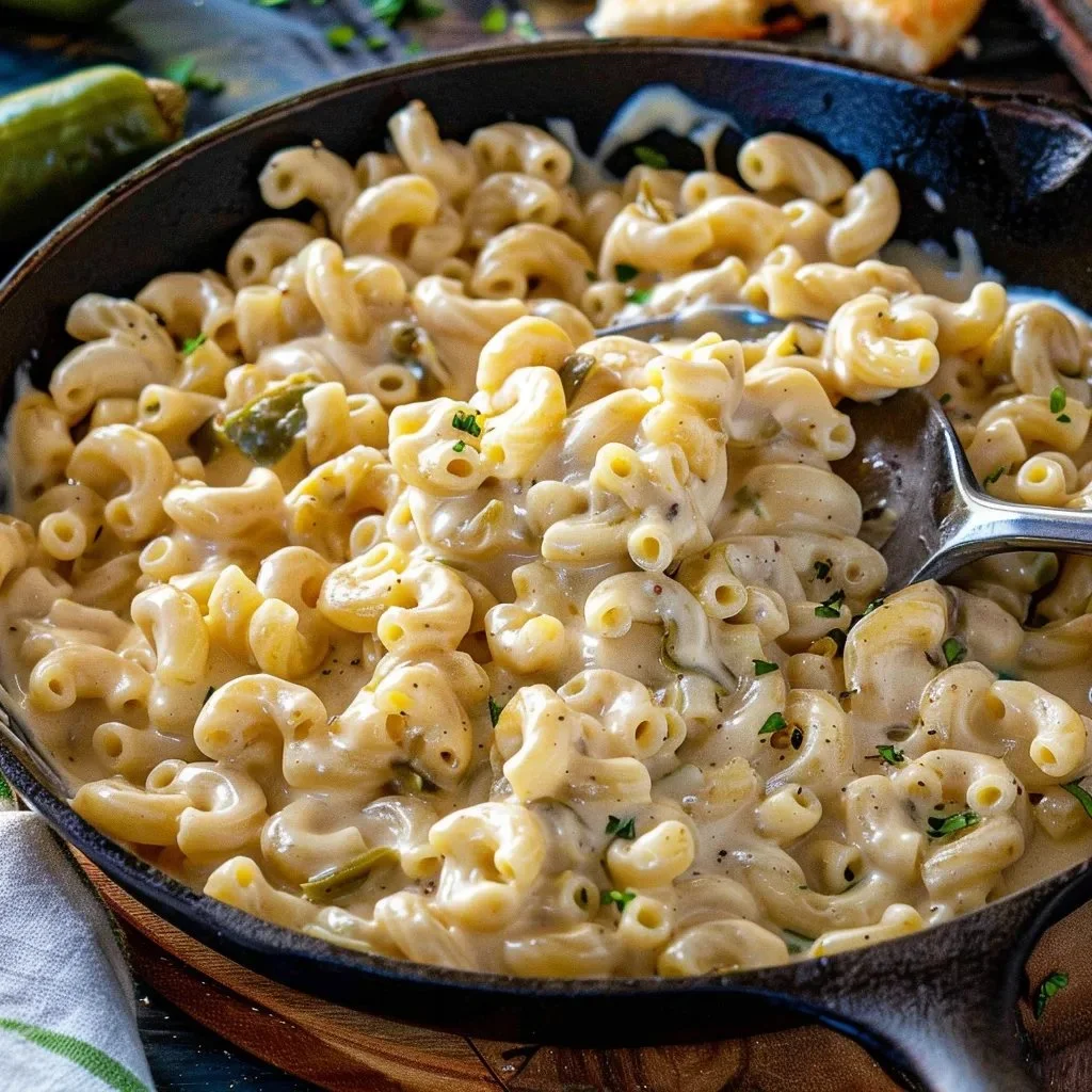 A bowl of creamy Hatch Chile Mac and Cheese topped with green chilies.