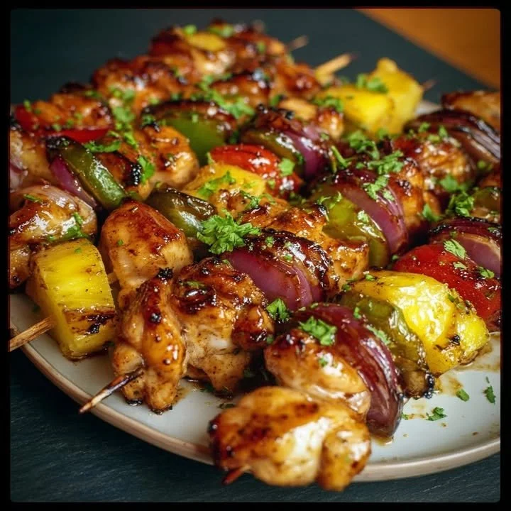 Delicious Hawaiian Chicken Kebabs skewered with colorful vegetables