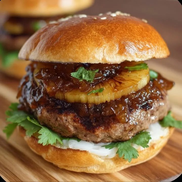 Hawaiian teriyaki burgers with grilled pineapple and savory sauce