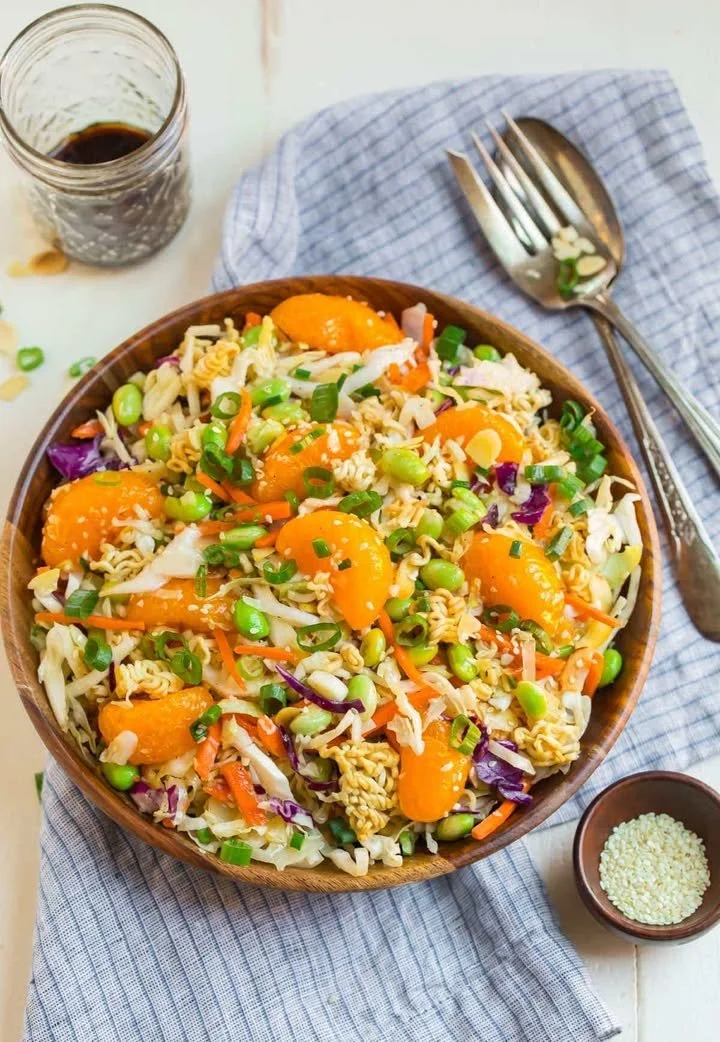 Healthy Asian Ramen Salad with colorful veggies and a flavorful dressing.