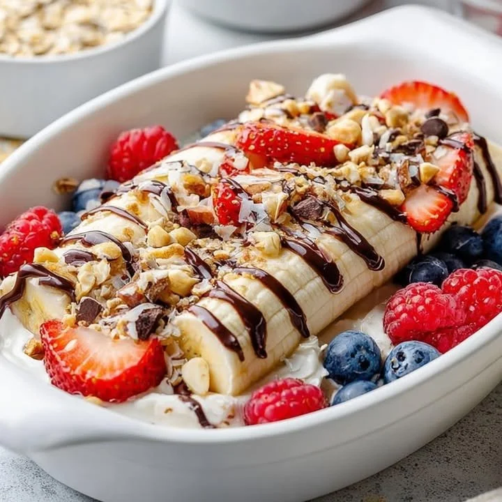 Healthy breakfast banana split bowl with yogurt, fruits, and nuts.