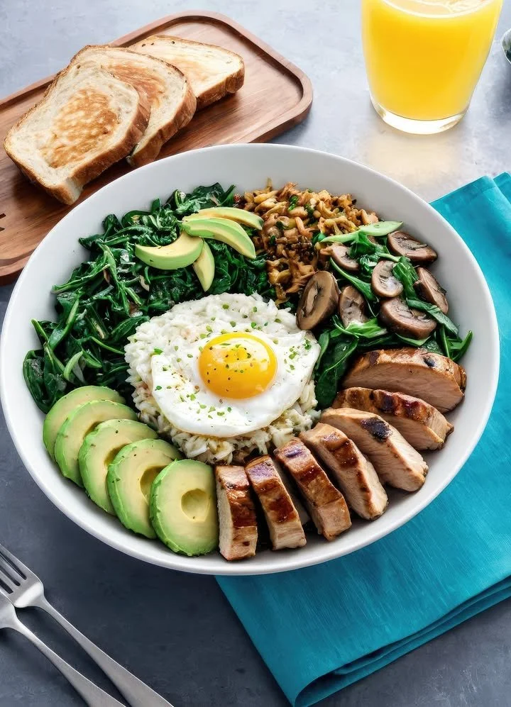 Healthy breakfast bowl with chicken and egg, perfect for a nutritious start.