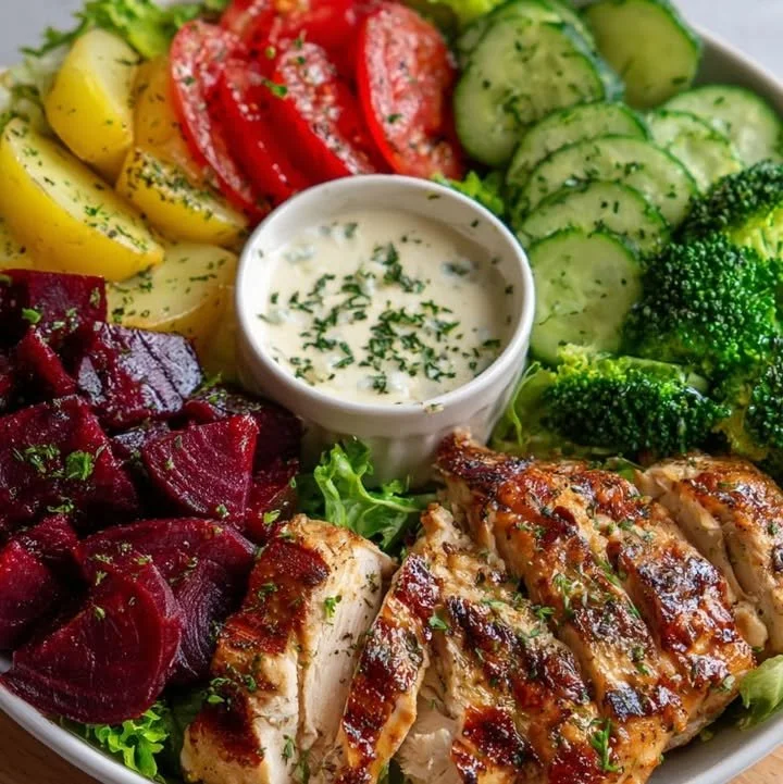 Healthy grilled chicken salad with fresh vegetables and dressing