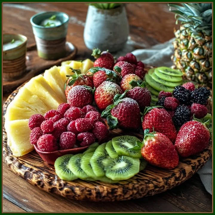Heart-shaped berry and tropical fruit board with vibrant fresh fruits