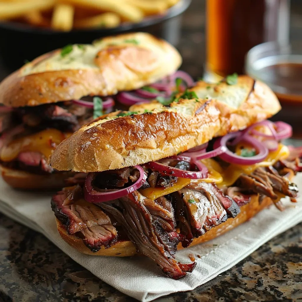 Hearty brisket sandwich with tender meat and fresh toppings