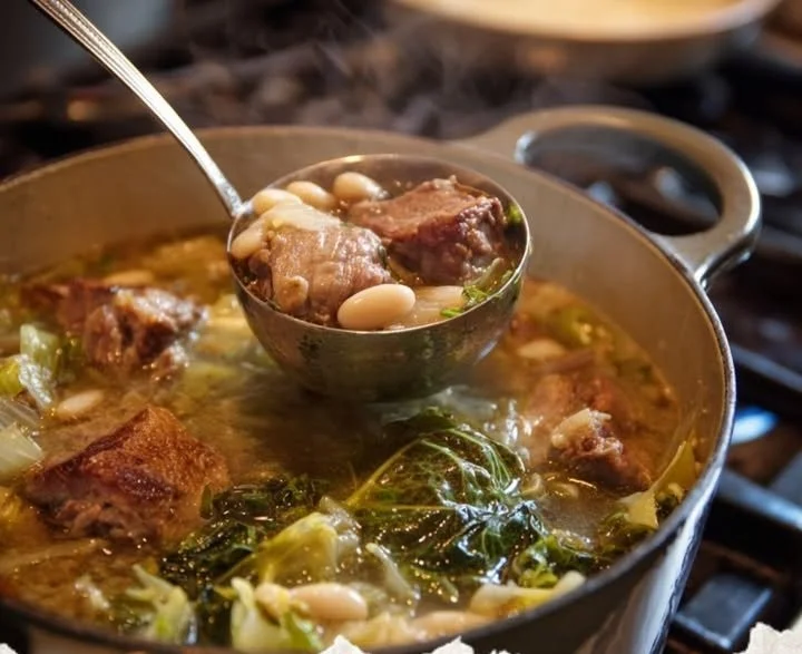 Bowl of hearty cabbage and bean stew with fresh herbs and vegetables