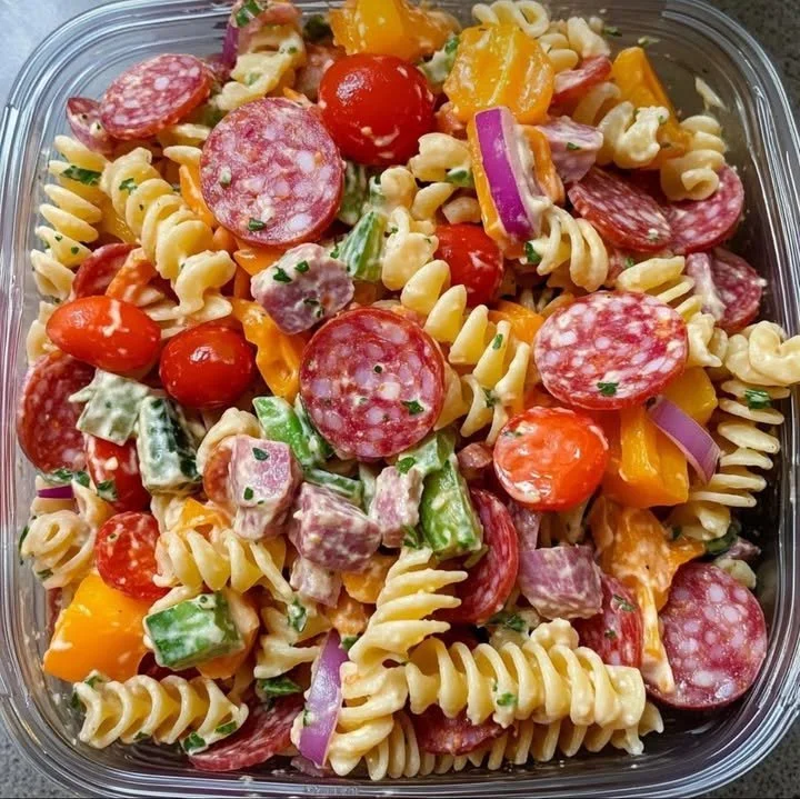 A bowl of hearty pasta salad with colorful vegetables and dressing.
