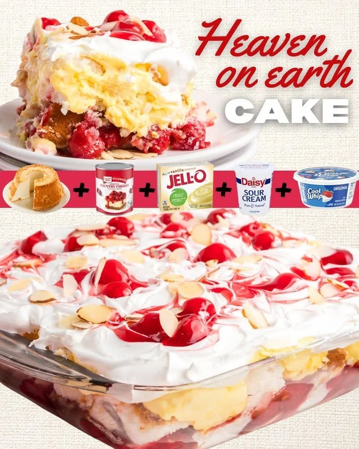Delicious Heaven on Earth Cake with layers of cream and fruit garnish