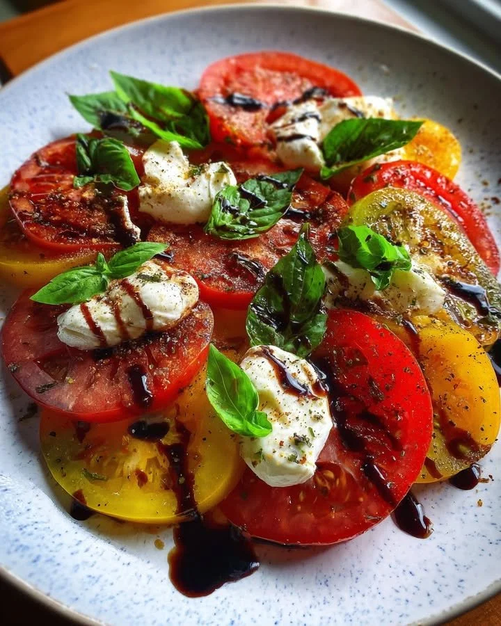 Heirloom Tomato and Burrata Salad garnished with fresh basil