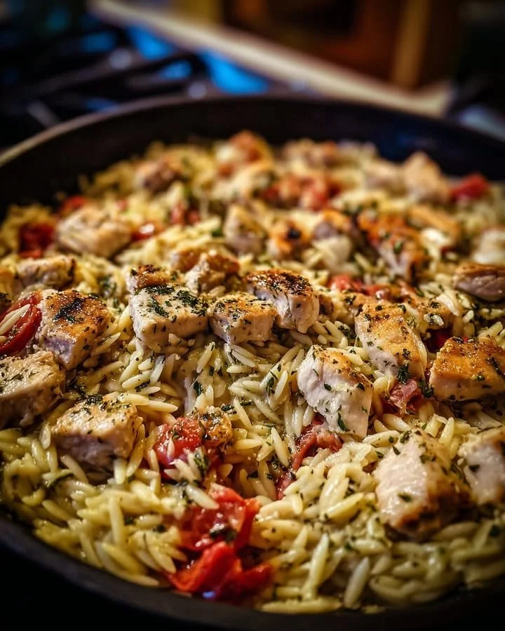 Delicious Herb-Infused Chicken Orzo dish garnished with fresh herbs