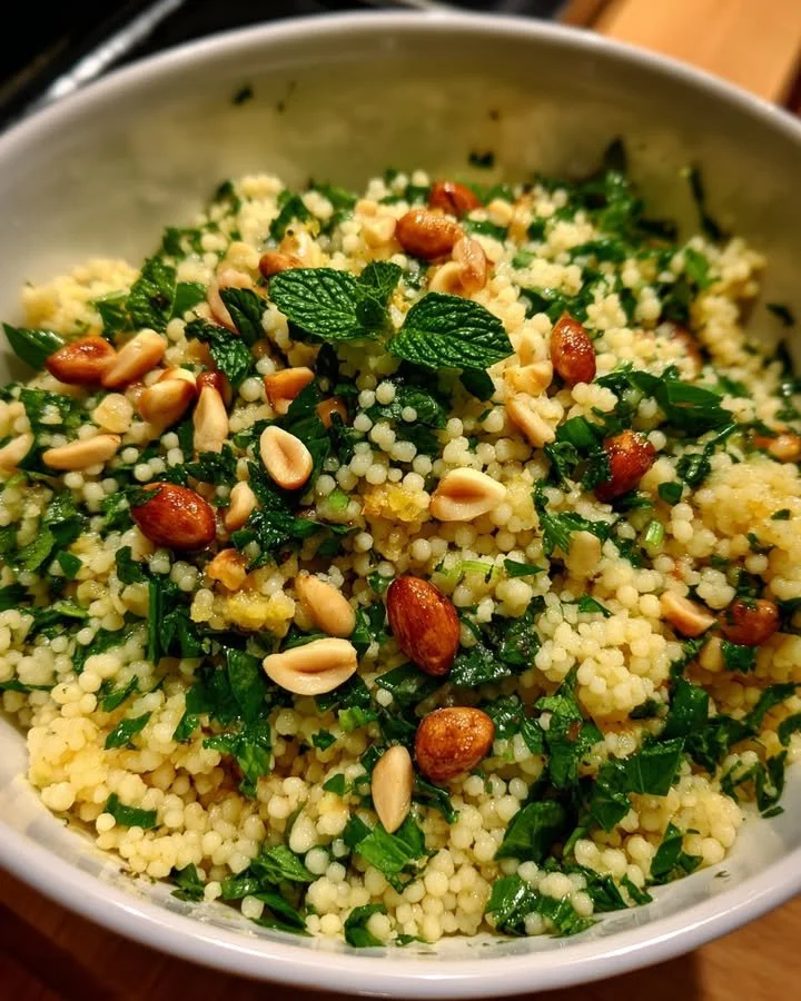 Herbed Couscous with Pine Nuts garnished with fresh herbs and served in a bowl
